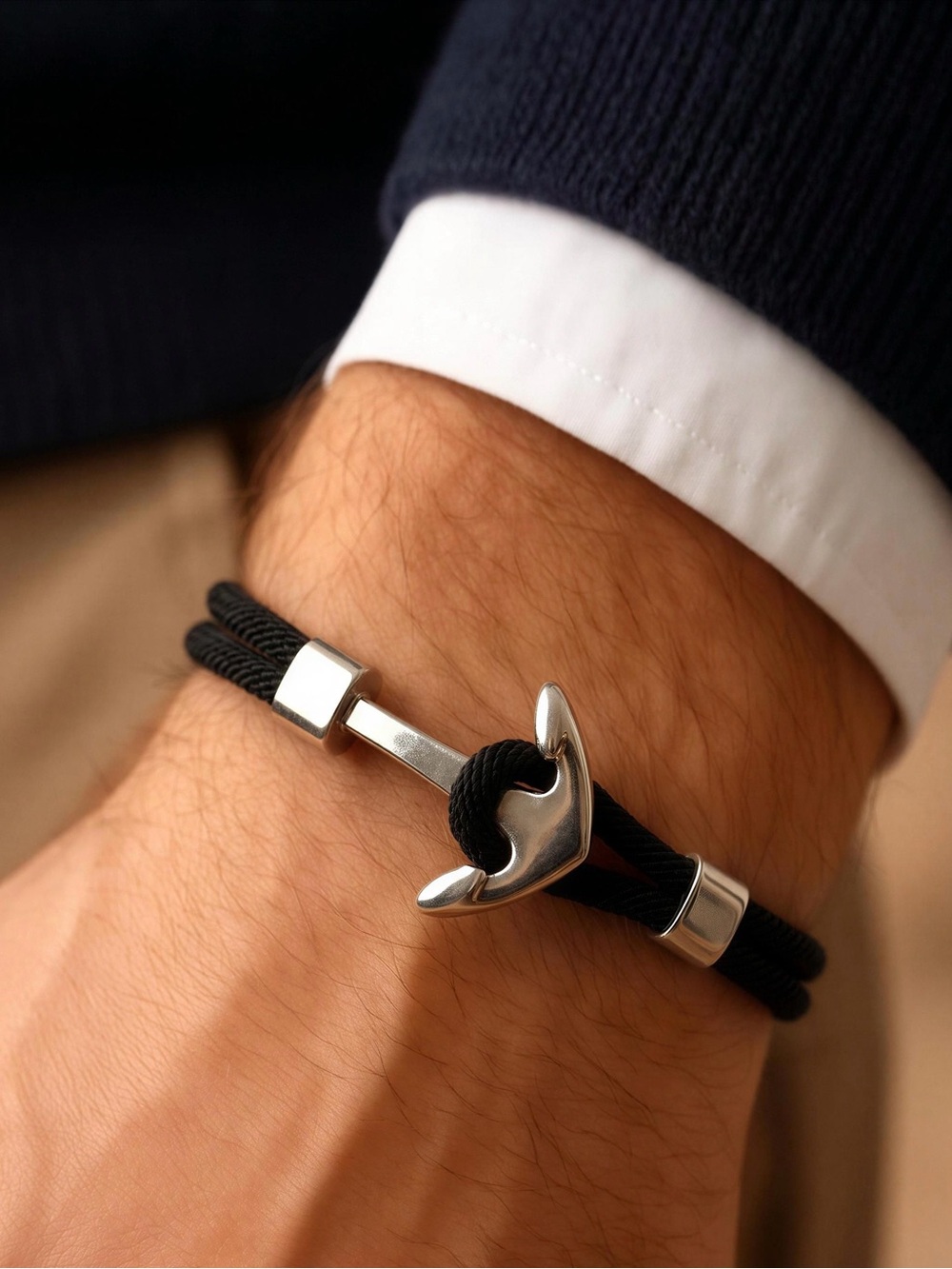 Roper Black Rope Bracelet with Silver Anchor Clasp